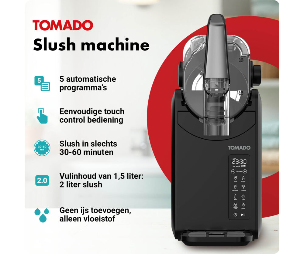 Tomado Slush-Maschine 2 Liter – 5 automatische Programme – kein Eis erforderlich – Slush in 30 bis 60 Minuten – Touch-Bedienung