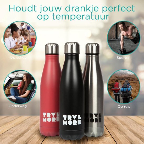 TravelMore Edelstahl-Trinkflasche – Sport-Thermobecher – Wasserflasche mit Kühl- und Wärmeisolierung – Isolierte Trinkflasche – Auto – Fitness – Outdoor – Laufen – Erwachsene – BPA-frei – Doppelwandig – Stiel – Stahl – 500 ml – Schwarz