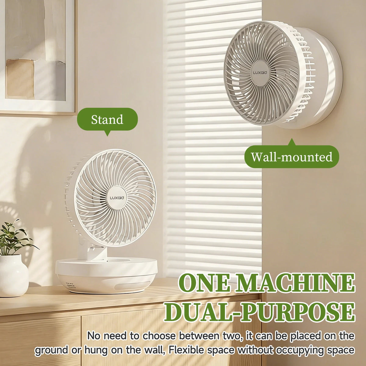 Luxaid klappbarer Tischventilator mit Fernbedienung, 4000-mAh-Akku, Typ-C-Aufladung, 3 Geschwindigkeitsstufen, 4-Stunden-Timer, Nachtlicht, Wandmontage, tragbar und kompakt