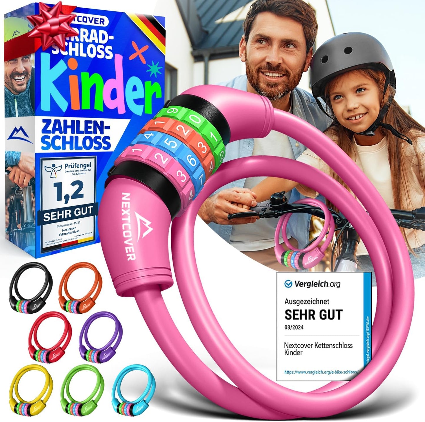 NEXTCOVER® Kinderfahrradschloss - 4-stelliger Zahlencode - Zahlenschloss Fahrrad mit bunten Zahlen - Scooterschloss Extra robust & sicher - Pink