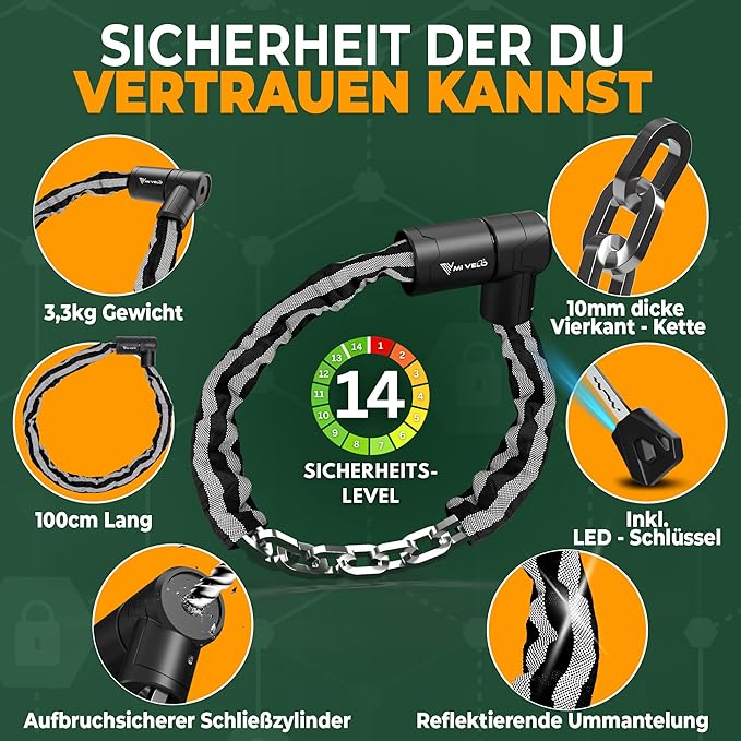 MIVELO Kettenschloss - 10 mm gehärteter Stahl & Nylonbeschichtung - 100 x 4 x 4 cm - Schwarz