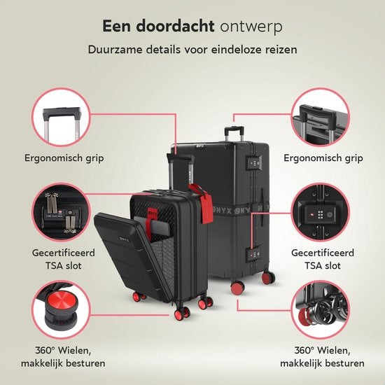 ONYX® - 2-teiliges Kofferset - Handgepäck mit Fronttasche und Check-in-Koffer - 35L/100 L - TSA-Schloss - Leichtgewicht-Trolley - Aluminiumverschluss - Schwarz