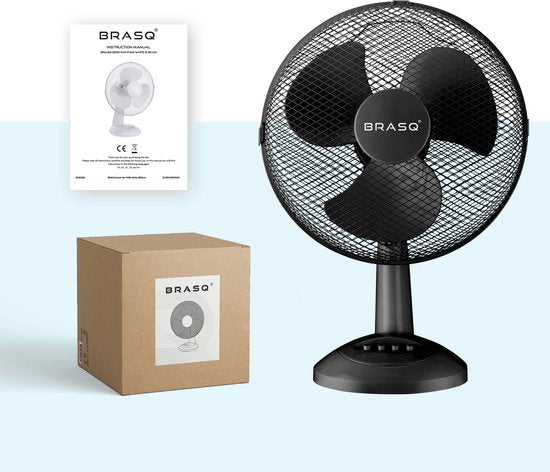 BRASQ Tischventilator - 30 cm - Schwarz - 3 Geschwindigkeiten - Standventilator - 40 Watt