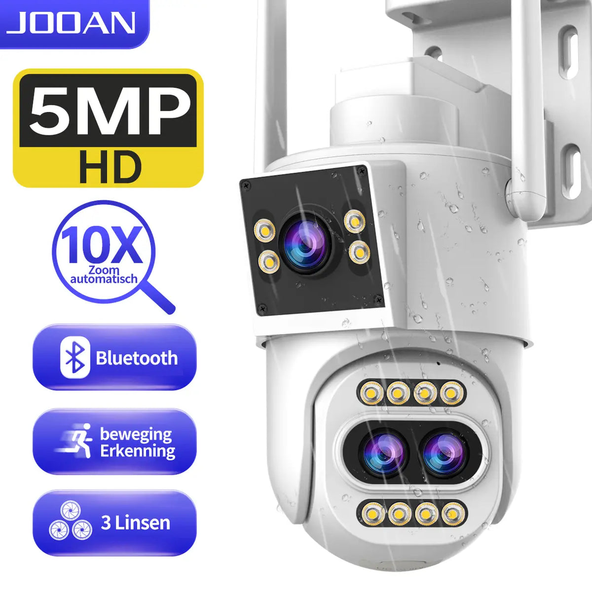 Jooan Außenüberwachungskamera 2K mit Dreifachobjektiv – 10-facher Zoom – PTZired IP66 wasserdicht, Bewegungsalarm, 8–256 GB Speicherkarte/Cloud-Speicher, Sirenenalarm