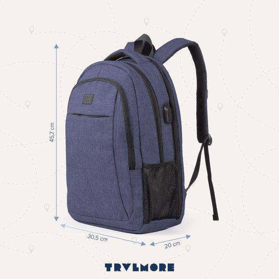 TRVLMORE Rucksack - 28L - 15.6 Zoll - Laptop-Rucksack - Schultasche - Unisex - Spritzwassergeschützt Blau