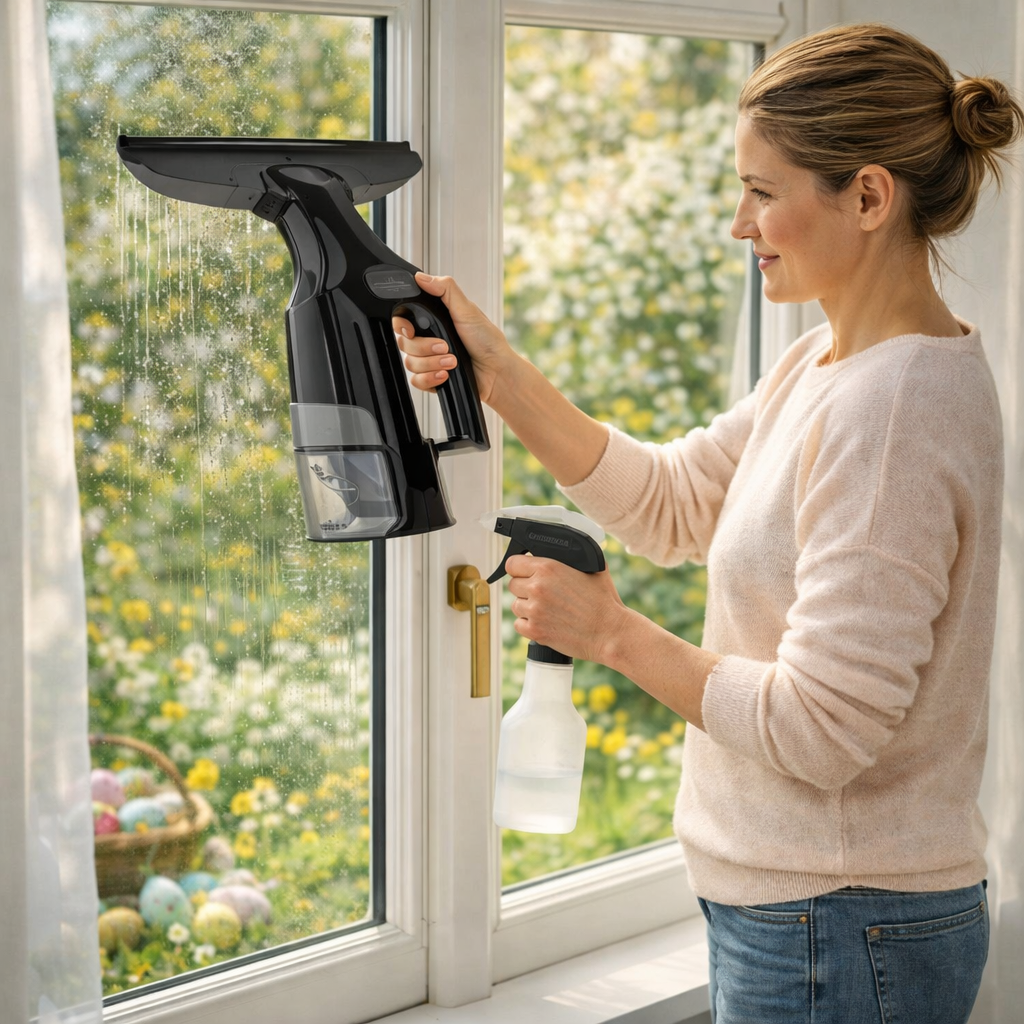 Vapore Elektro-Fensterreiniger - Inkl. Seifenspender - Mit integrierter Sprühfunktion - Inkl. Mikrofasertuch - Schwarz