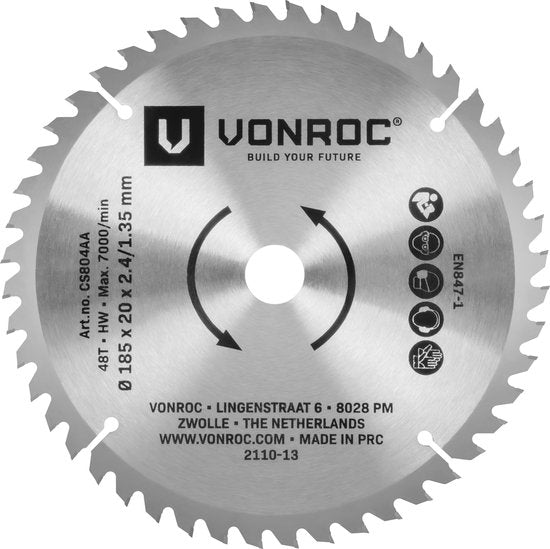 VONROC Kreissägeblatt - 185x20mm - 48 Zähne - Geeignet für Holz - Universal