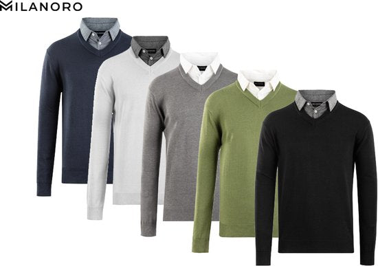 Milanoro - Herren Pullover mit Hemdkragen - Dunkelgrau - XXL