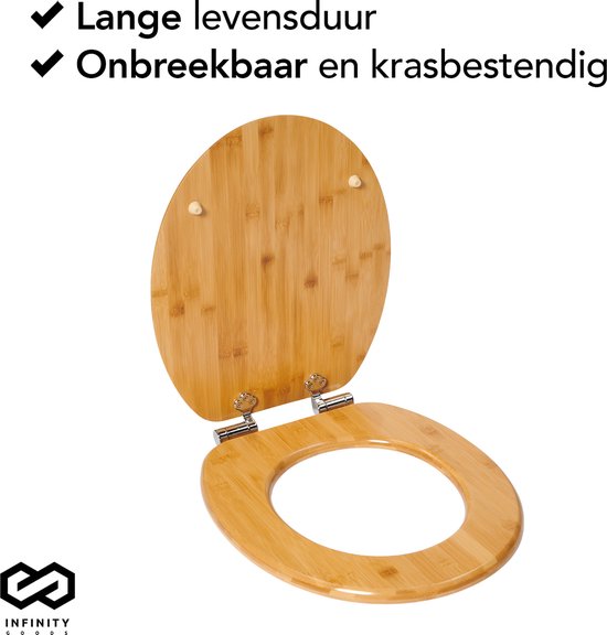 Infinity Goods Bambus Toilettensitz Terry - Toilettensitz mit Deckel - Soft Close - Edelstahlscharniere - Inklusive Befestigungsmaterial