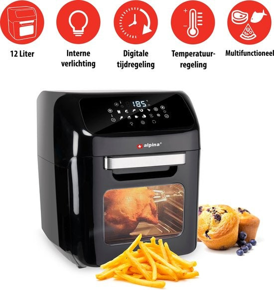 alpina Airfryer Oven 12L - Heißluftfritteuse 1800W - Heißluftofen mit Back- und Grillfunktion