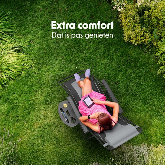 LifeGoods Lounger Comfort - klappbar - 30°-90° verstellbar - Tassen- und Telefonhalter - Gartenstuhl - Schwarz/Grau