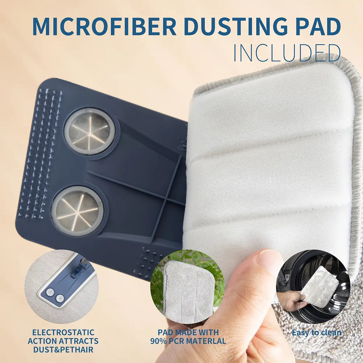 emmama Mikrofaser-Wischmopp – 4-teilig – Stiel 155 cm – 2 waschbare Pads