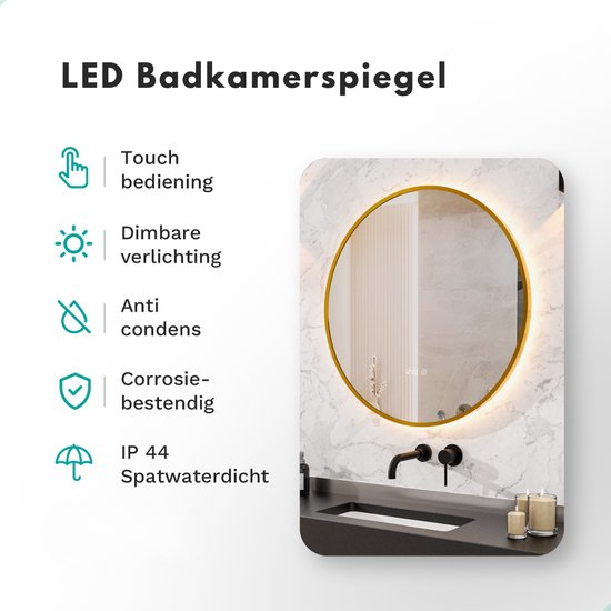 Mirlux Badezimmerspiegel mit LED-Beleuchtung & Heizung - Wandspiegel rund - Anti-Kondensations-Duschspiegel - Goldrahmen - 80CM