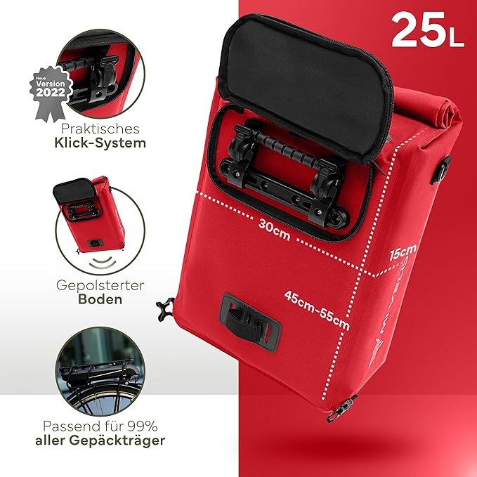 MIVELO Gepäckträger - 3-in-1 Rucksack & Umhängetasche - Wasserdicht & inkl. Laptopfach - 25 Liter - Rot