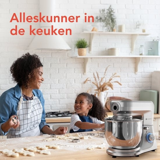 KitchenBrothers Küchenmaschine - Komplettset - 15 Zubehörteile - Küchenroboter - 6L - 1500W - Silber