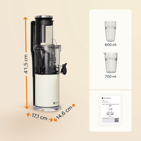 KitchenBrothers Slowjuicer - Vertikal - Entsafter - Gemüse- und Obstpresse - 80 mm - 750 ml - Champagner