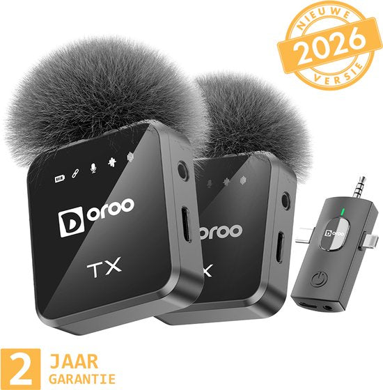 Doroo® Professionelles drahtloses Mikrofon – 2 Stück – Lavalier-Mikrofon – Windschutz – Extra lange Akkulaufzeit – Krawattenklammer – Professionelle Audioqualität – USB-C/Lightning/AUX-Funkmikrofon für iPhone und Android – Plug & Play – Zwei Jahre Garanti