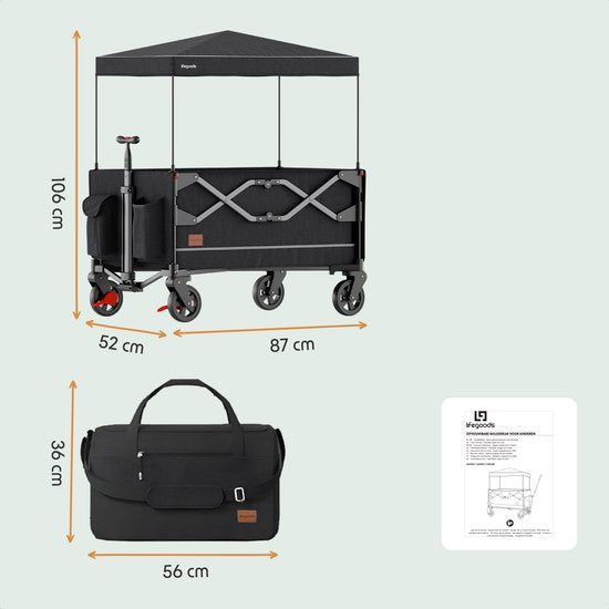 LifeGoods Wagon - faltbar - Kindertransport - mit Dach - 80KG Tragfähigkeit - Strandwagen - schwenkbare Räder - Anthrazit