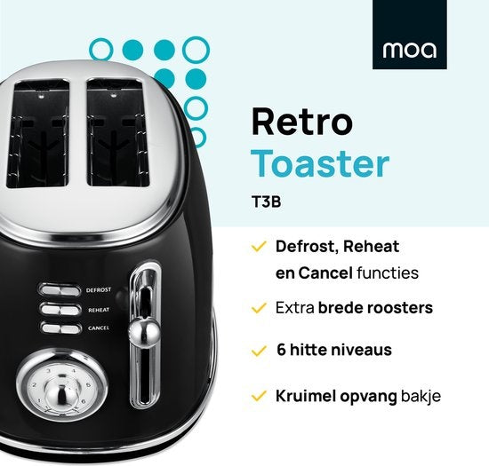 MOA Retro-Toaster - 6 Heizstufen - 2 extra breite Schlitze - 850W - Aufwärm- und Auftaufunktion - Schwarz - T3B