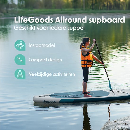 LifeGoods SUP Board All-round Compact - 100 KG Tragfähigkeit - 300 x 76 cm - Aufblasbar - Komplettes SUP Paket - Weiß/Tiefes Aqua