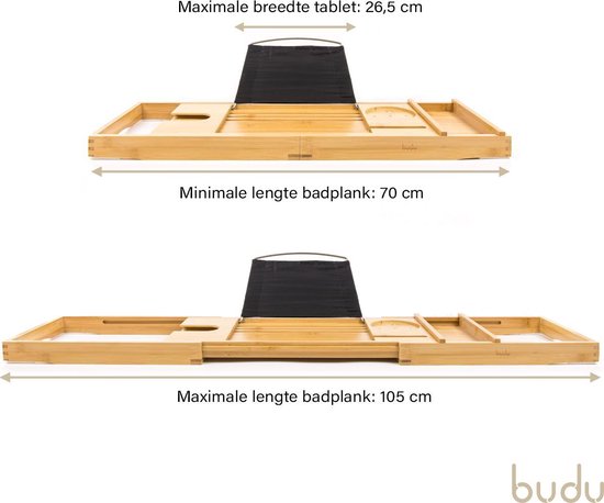 Budu Badebrett Bambus - Badebrett Holz - Badebrett für die Badewanne - Verstellbar / Ausziehbar - Badeständer - Bambus Badeständer - 70-105 cm