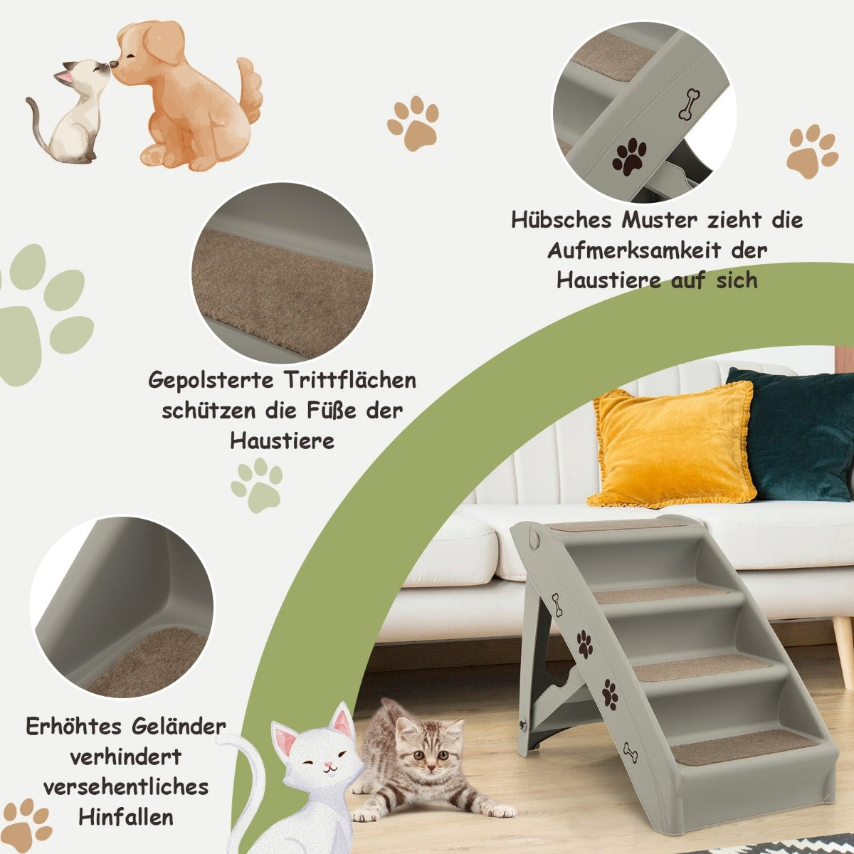 Coast Pet Treppe mit 4 Stufen tragbare Kletterleiter sicher hundert Hang 62,5 x 38 x 49 cm grau