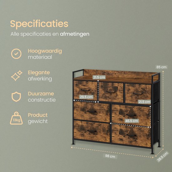 O'DADDY® Aufbewahrungsschrank - Sideboard - Kommode - Industrial - 7 Schubladen - Kommode - 28,5 x 98 x 85 cm - Vintage Brown/Black
