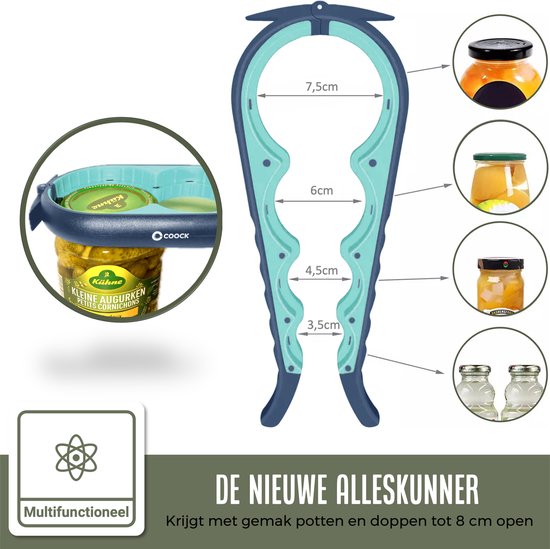 COOCK - Allzwecköffner - 7-in-1 Topföffner - Küchenhelfer - Flaschenöffner - Bieröffner - XL-Deckelöffner für Gläser - Glasöffner - Hilfsmittel für ältere Menschen - Blau