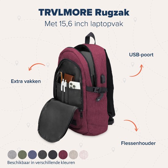 TRVLMORE Rucksack mit Lifetime - Rucksack mit 15.6 Zoll Laptopfach - Schultasche - spritzwassergeschützt - Männer und Frauen - Jungen und Mädchen - 25L - Burgunderrot