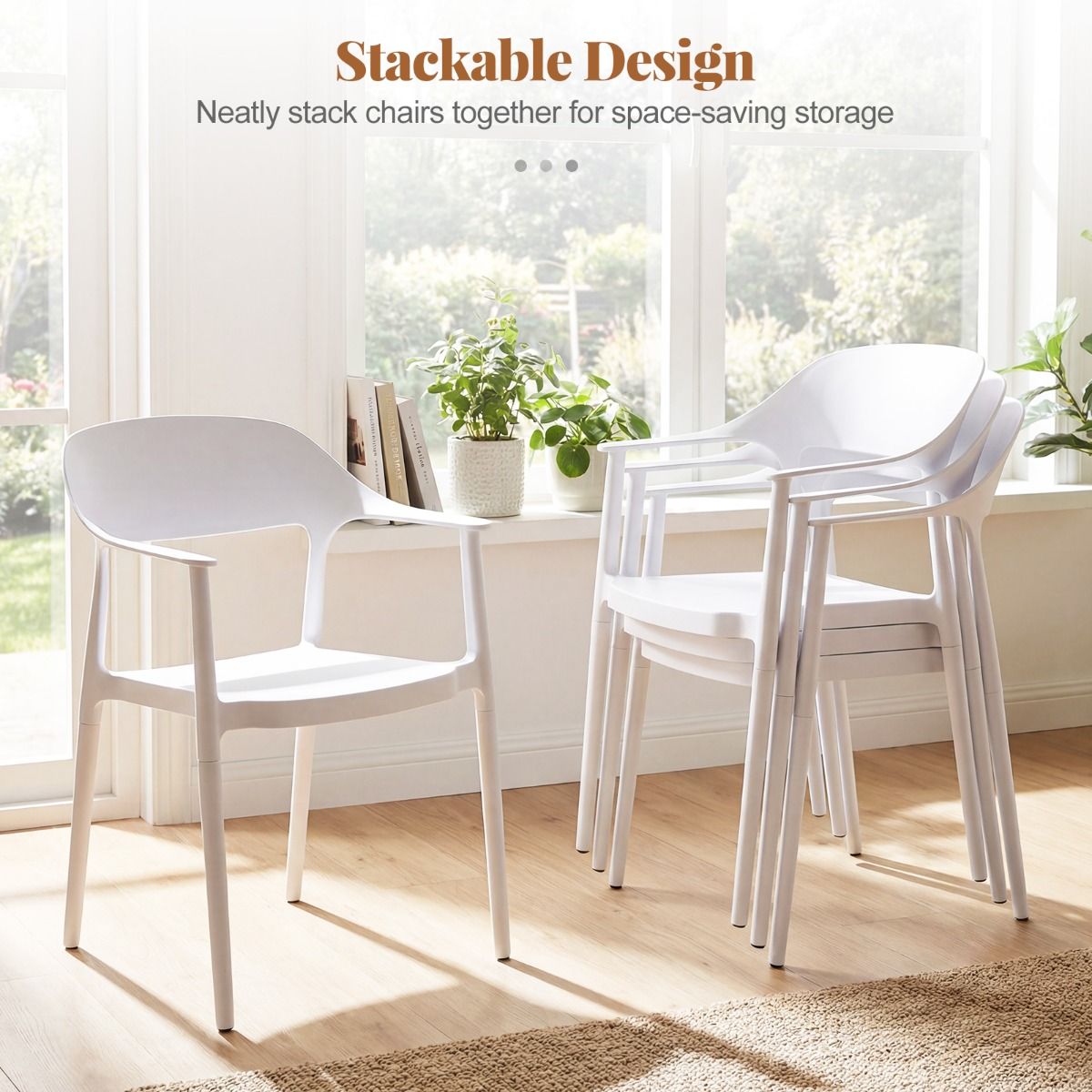 Coast Set aus 4 stapelbaren Gartenstühlen mit Armlehnen und Rückenlehne – Weiß – 57 x 53 x 83 cm