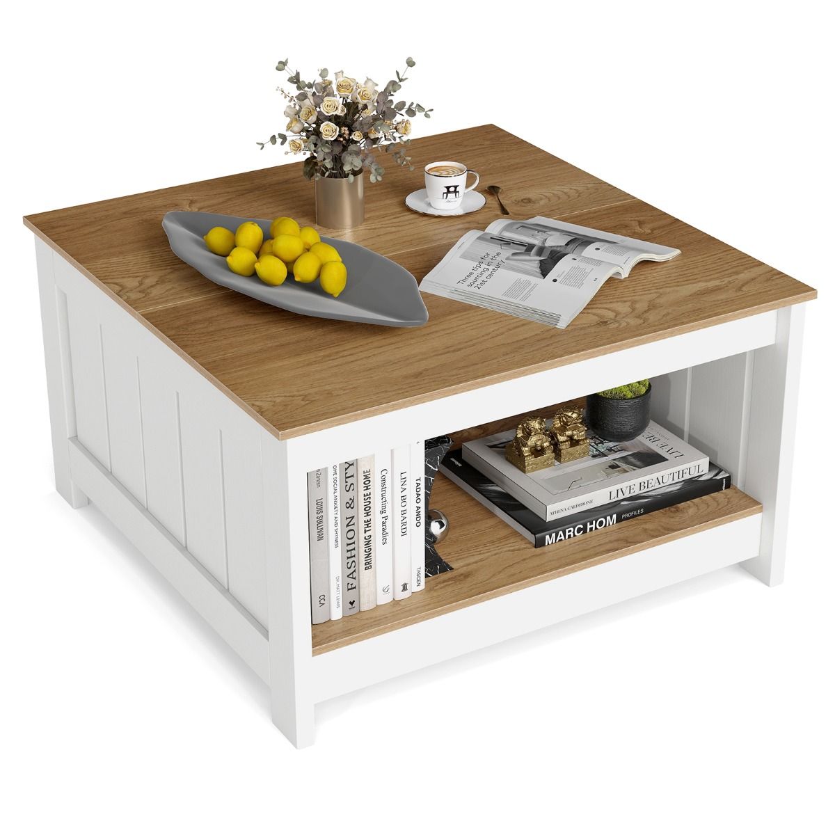 Coast Couchtisch aus Holz – 2-stöckig – Stauraum – Natur und Weiß – 80 x 80 x 45 cm