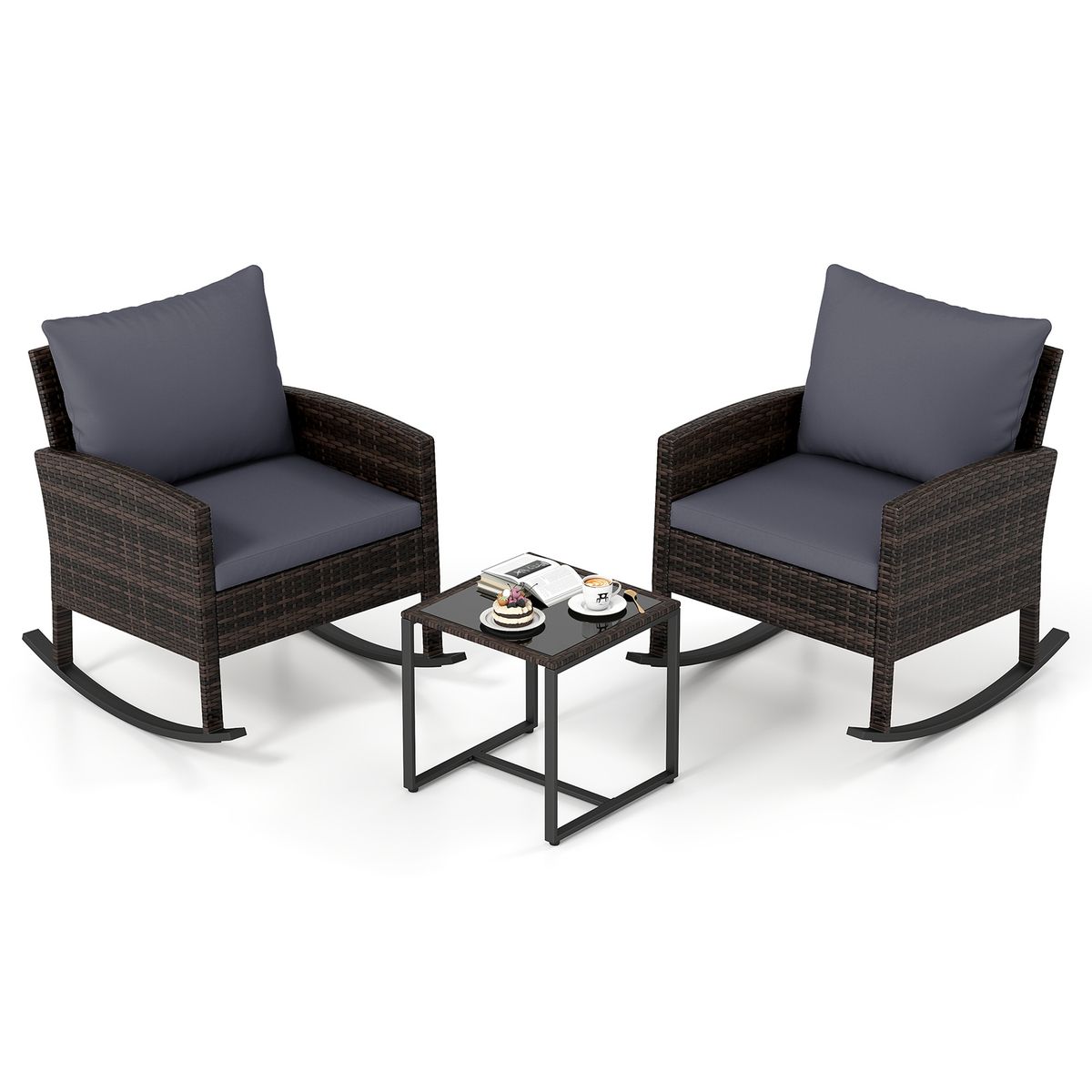 Coast 3-teiliges Gartenset – 2 Schaukelstühle und Beistelltisch – handgeflochtenes Rattan – grau