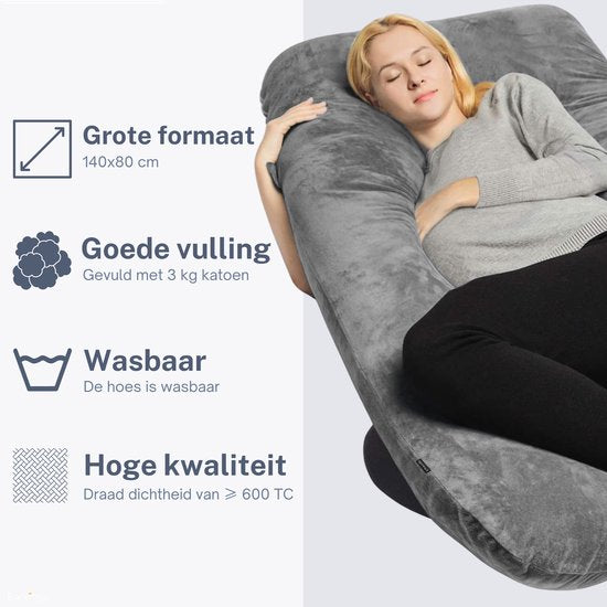 Earkings Schwangerschaftskissen Seitenschläferkissen 140x80cm U-Form mit abnehmbarem Bezug - Body Pillow dunkelgrau