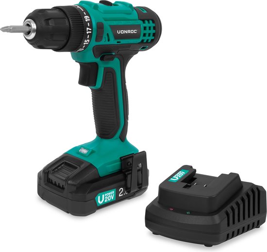 VONROC Akku-Bohrmaschine 20V - 19 Schraubpositionen + Bohrposition - Inkl. 2 Bits - Inkl. 2.0Ah Akku und Schnellladegerät