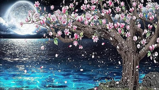 RubyeÂ® Diamantmalerei Erwachsene - Diamantmalerei Kinder - Diamantmalerei Paket Voll - Vollmond und Blüte - 70x40cm