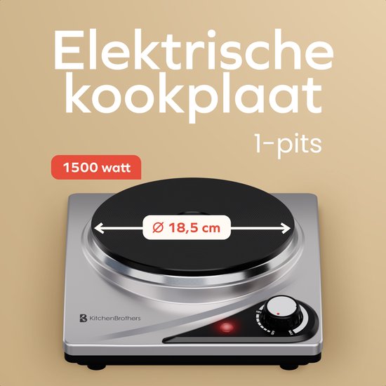 KitchenBrothers Elektrokochfeld - 1 Brenner - Freistehend - 7 Temperaturstufen - 1500W - Edelstahl/Schwarz