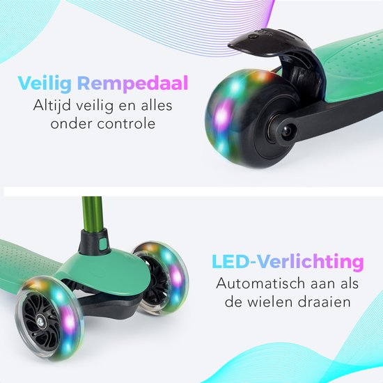 LifeGoods HappyStep - Kinderroller - Schritt 2-5 Jahre - 3 leuchtende LED-Räder - höhenverstellbar - Jungen/Mädchen - Mintgrün