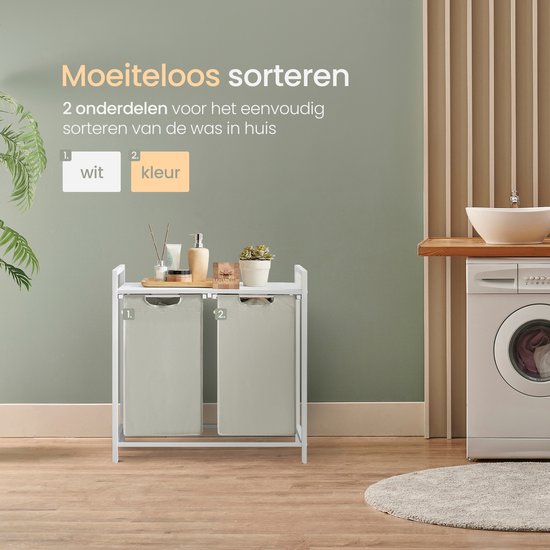 O'DADDY® Wäschekorb 2 Boxen - Ausziehbarer Wäschesortierer mit Regal - 76 Liter - 73 x 33 x 72 cm - Verstellbare Beine - Einfache Montage - Multifunktional und stilvoll - Metall - Weiß