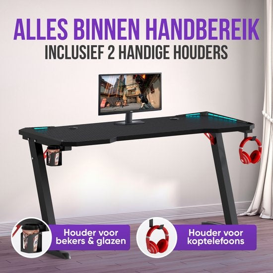 Avalo - Gaming Tisch - 140x60x73 CM - mit LED-Beleuchtung - Schwarz