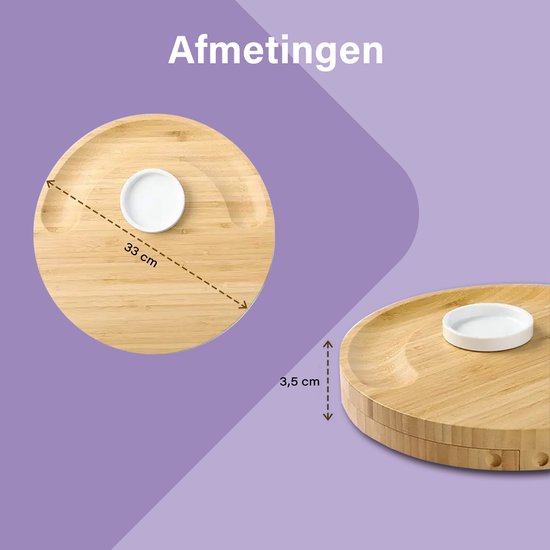TidyHome® Trinkbrett - Käsebrett - Bambus - Holz - Ø 33cm - Tapasbrett rund - Käsebrett mit Messern - Komplett-Set mit 6 Käsemessern - Servierbrett