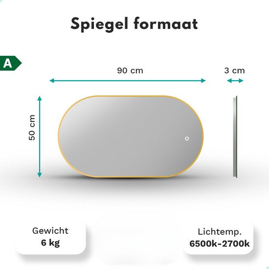 Mirlux Badezimmerspiegel mit LED-Beleuchtung & Heizung - Wandspiegel Oval - Goldrahmen - 90x50CM