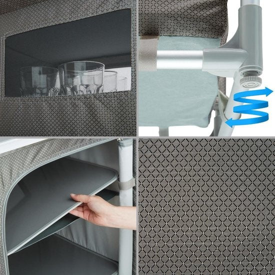 tectake - Campingschrank 97x47,5x78cm - klappbar - abschließbare Fächer - stabile Arbeitsflächen - praktische Seitentaschen - grau