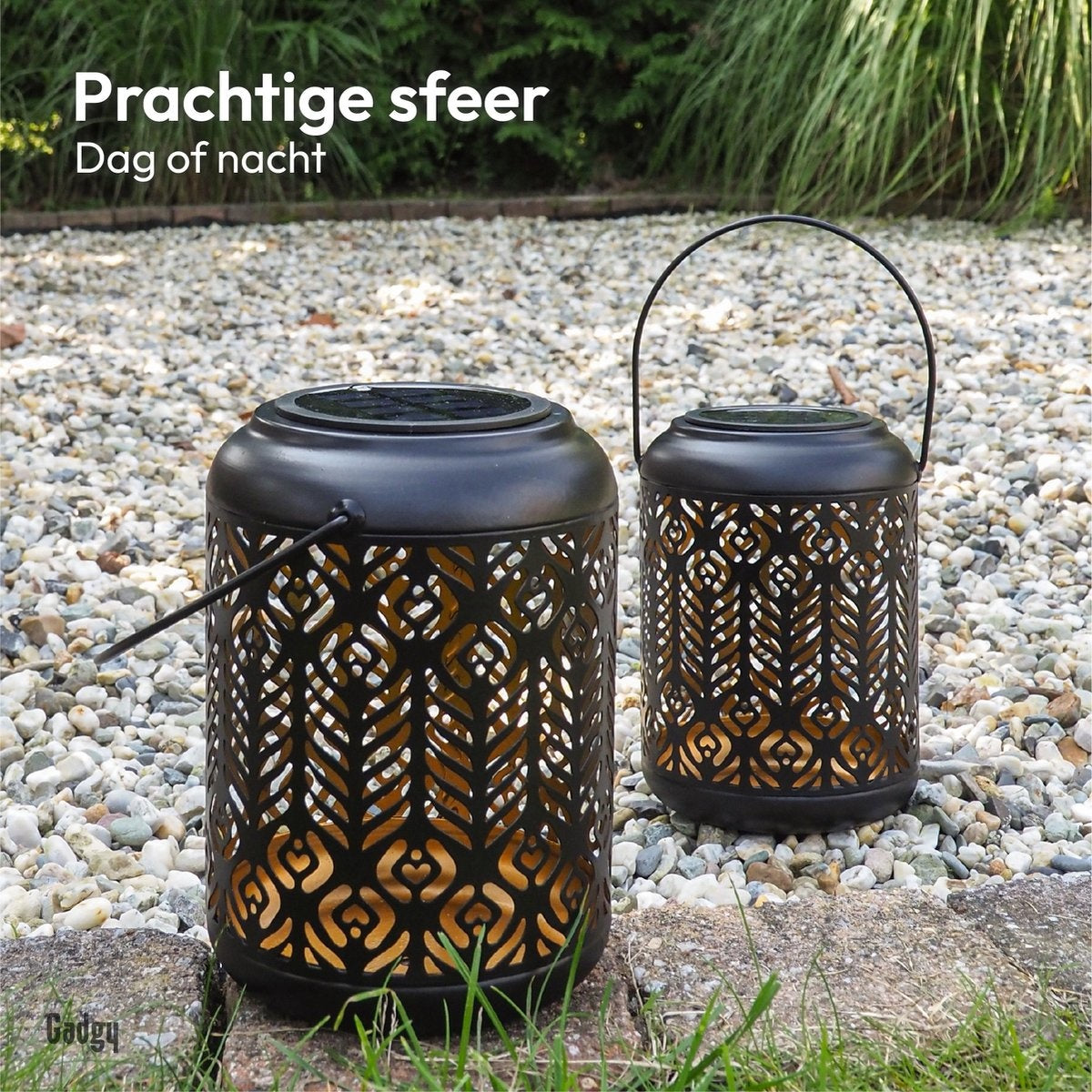 Gadgy Solar Laterne Pfau - 2er Set - Schwarz/Gold - Metall - Solar Gartenbeleuchtung - Led Außenbeleuchtung mit Tag/Nacht Sensor - Tischlampe - Hängelampe - Gartenlaterne - 27 x Ã˜ 12,5 cm