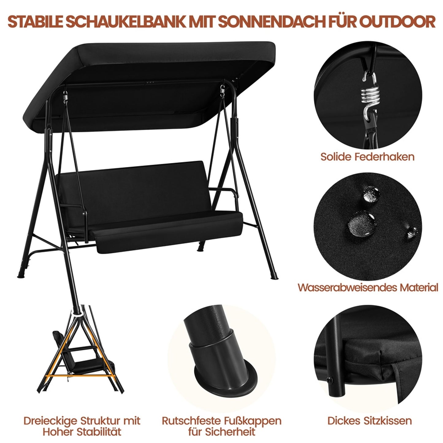 Yaheetech 3-Sitzer-Hollywood-Schaukelstuhl mit verstellbarem Sonnendach – 170 x 112,5 x 162,5 cm – Schwarz