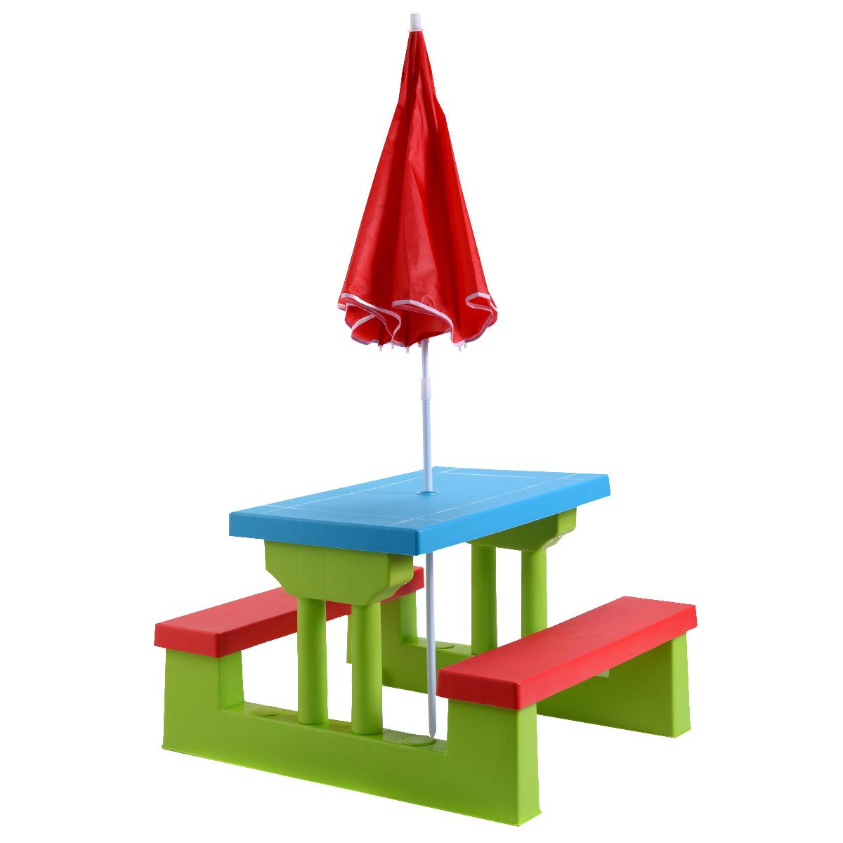 Coast Picknicktisch für Kinder - Mit Sonnenschirm - 2 Bänke - Max. 50 kg - 67 x 41 x 47 cm - Rot / Blau / Grün