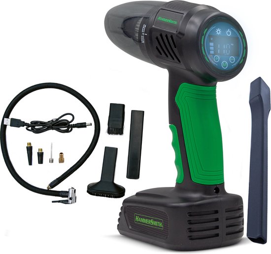 Hammersmith AirStorm – Kabelloser Handstaubsauger & Luftkompressor mit SOS-Leuchte & umfangreichem Zubehörset – Autoreifen aufpumpen – Reifendruck prüfen – Autostaubsauger & Luftpumpe – Mail-Order-Edition