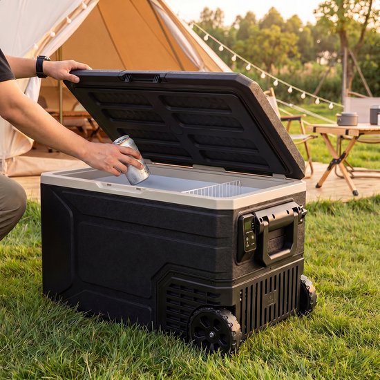 Auronic Elektrische Kühlbox – Kompressor – 64 l – 12 V und 240 Volt – Camping-Kühlschrank – Frigobox für das Auto – mit Rädern und Griff – schwarz