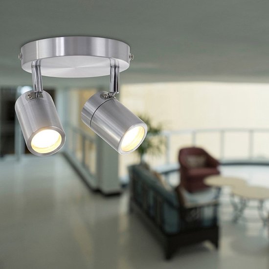 Stahlfarbener 2-flammiger Strahler Upround 2487ST – Dreh- und neigbar – Modernes Design – Inklusive Leuchtmitteln – Mexlite – Für den Innenbereich geeignet, IP44, max. Tiefe 15 cm