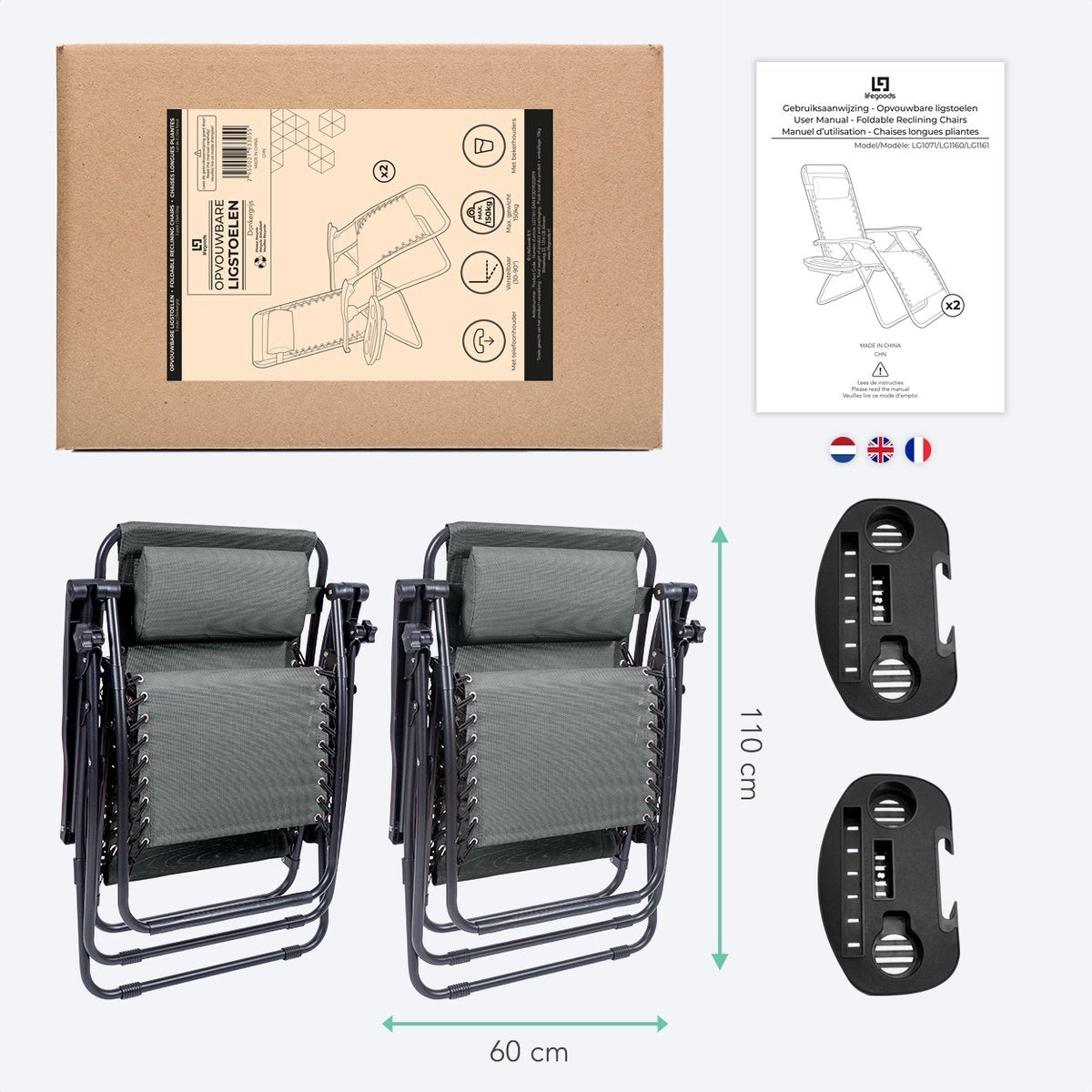 LifeGoods - Faltbare Gartenstühle - 2 Stück - 30°-90° verstellbar - Metall - Dunkelgrau