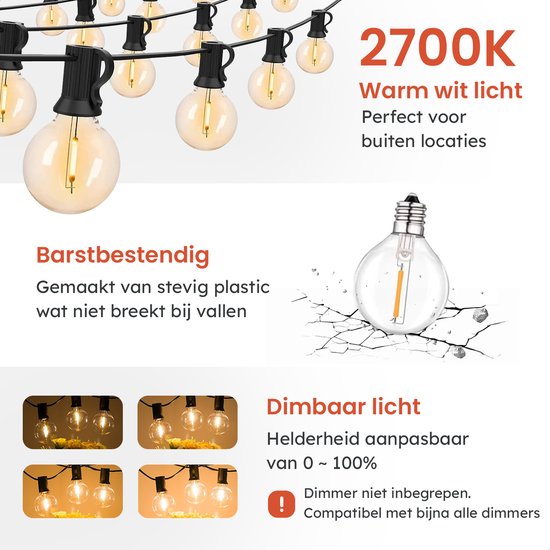 Partizzle 15m wasserdichte Lichterkette rund - 25 LED Lichtergirlande - Lichtergirlande für Terrasse und Camping - Weihnachtsbeleuchtung / Gartenbeleuchtung - 2700k / Warmweiß